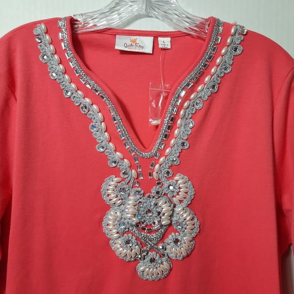 Quaker Factory Women's Top Coral White Silver Embellished Neckline 3/4 Sleeve L - Picture 2 of 10